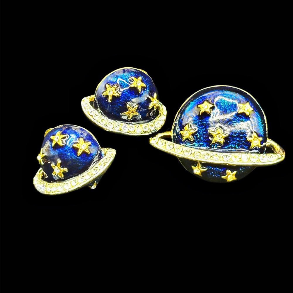 Vintage Deep Blue Enamel Celestial Brooch & Earrings Set